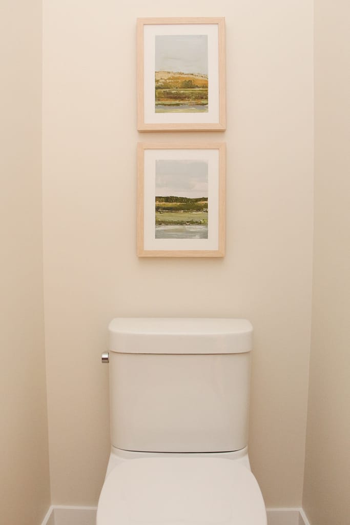 Toilet with artwork, Benjamin Moore Dove Wing