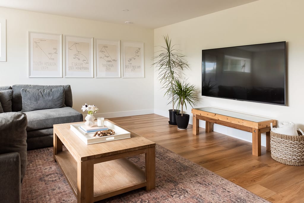 basement family room with no bulkheads