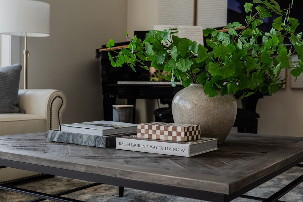 Living Room coffee table styling with grand piano and decorative acoustic panels