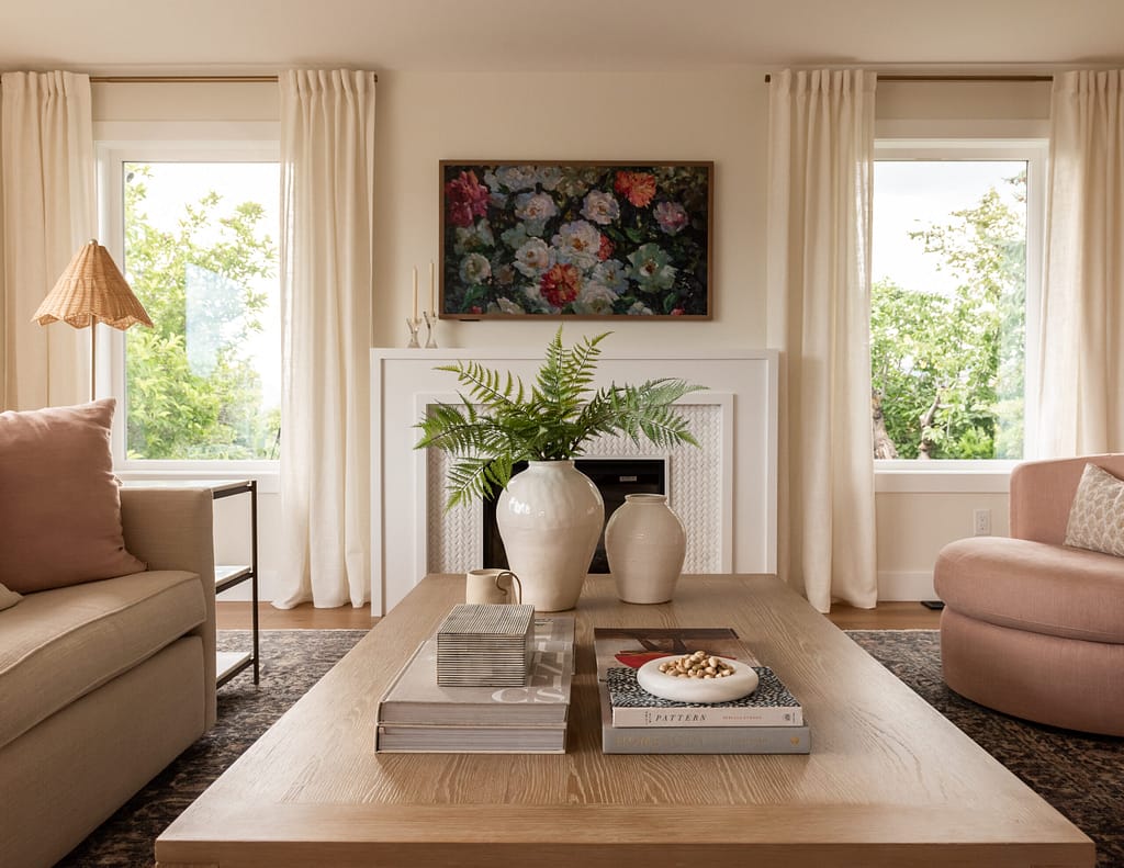 windows flanking fireplace