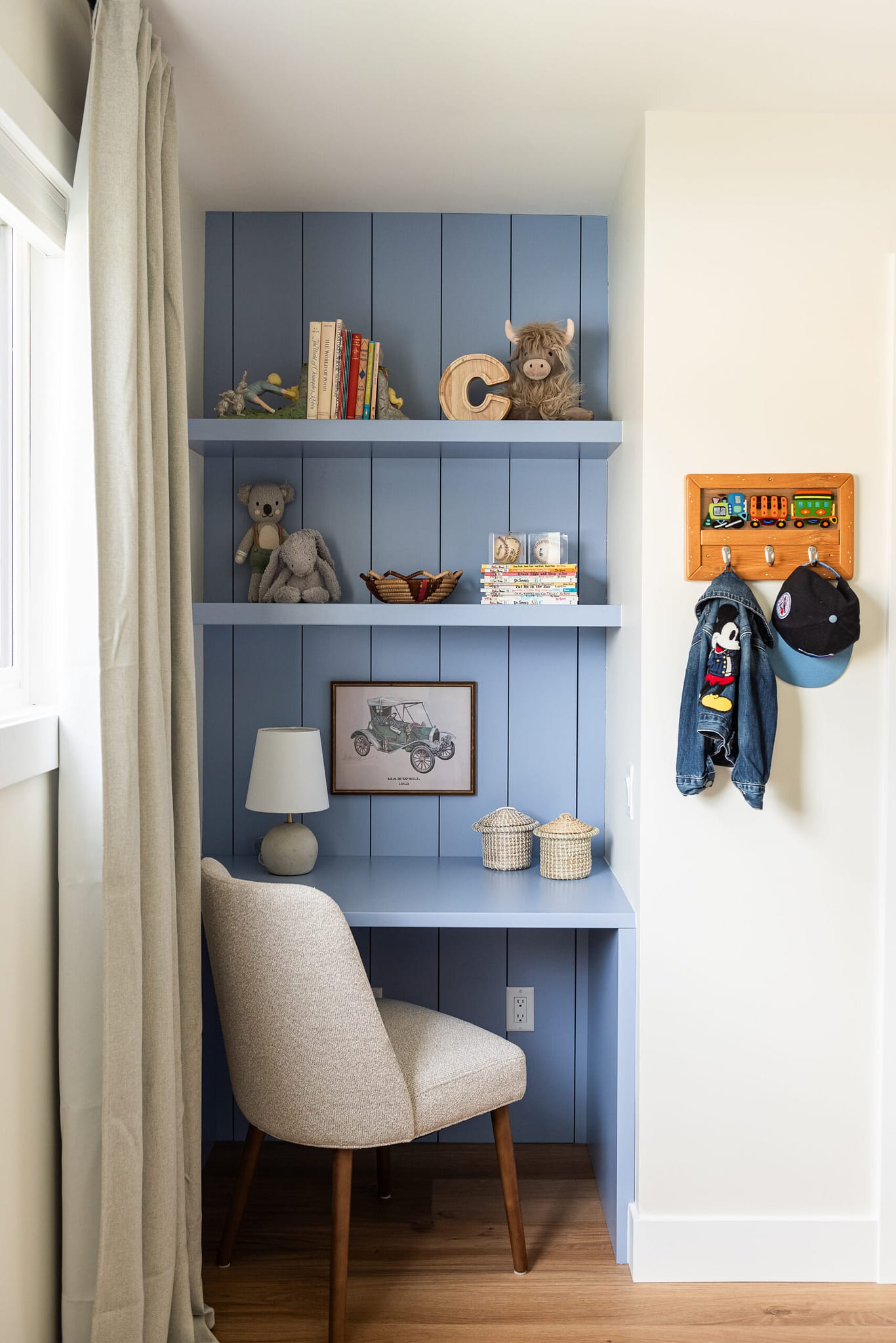 custom blue built in child's desk, shiplap detail