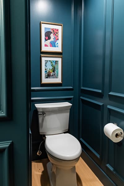 Moody colour drench Blue Powder Room with picture frame moulding