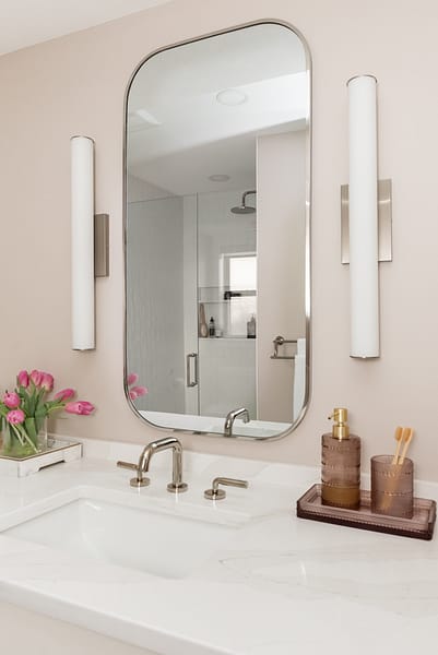 pink bathroom, white vanity