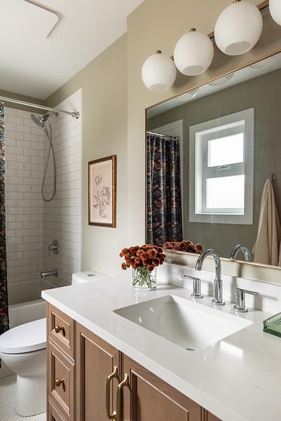 transitional kids bathroom, pops of colour, wood vanity