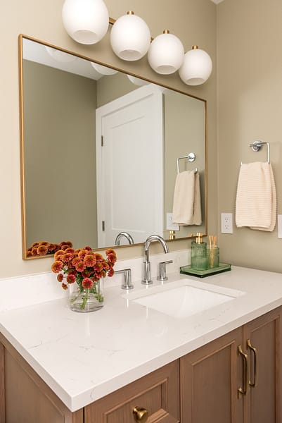 transitional kids bathroom, pops of colour, wood vanity