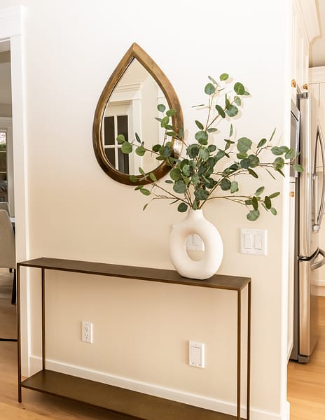 Entry Console styling vase eucalyptus teardrop gold mirror