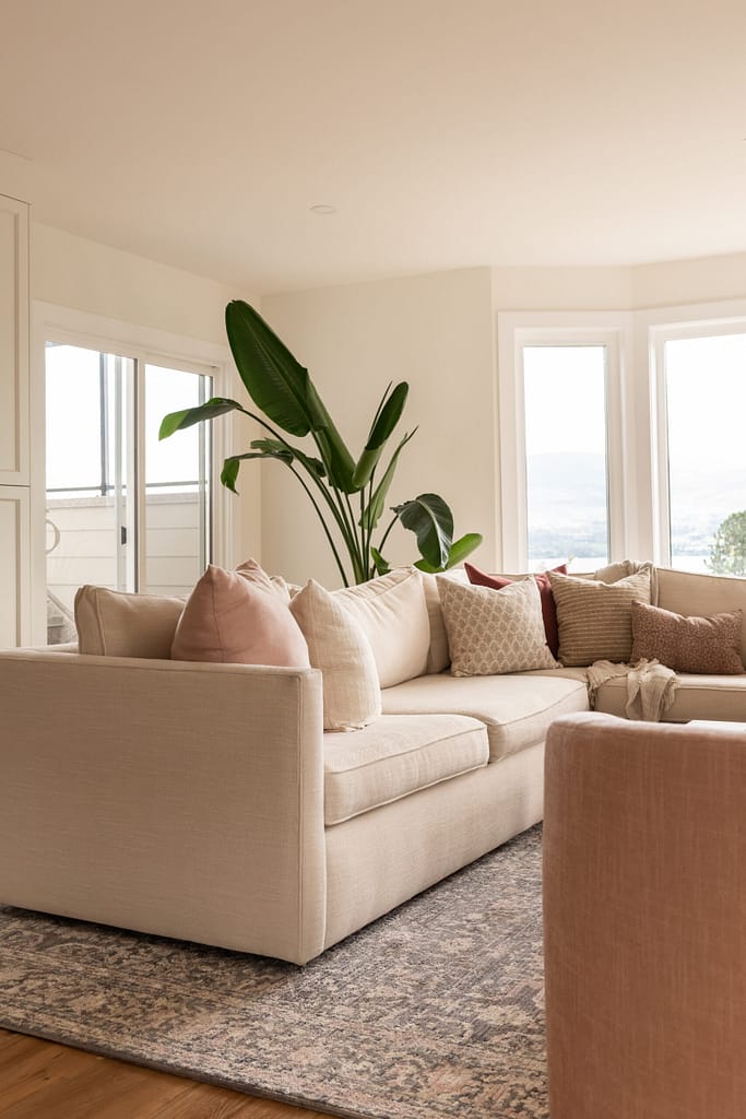pink living room, swivel chairs, fireplace