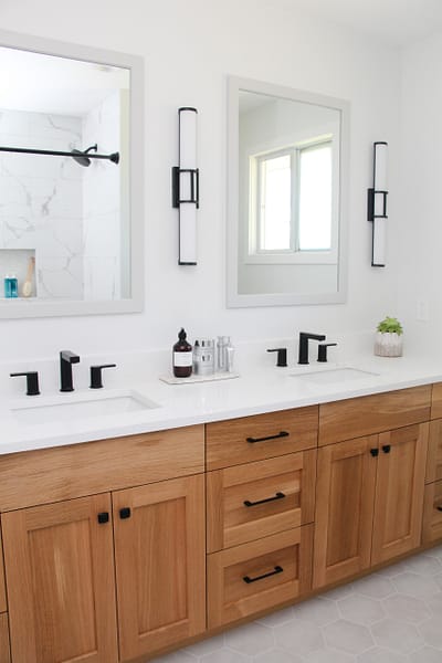 contemporary bathroom, oak vanity, black fixtures